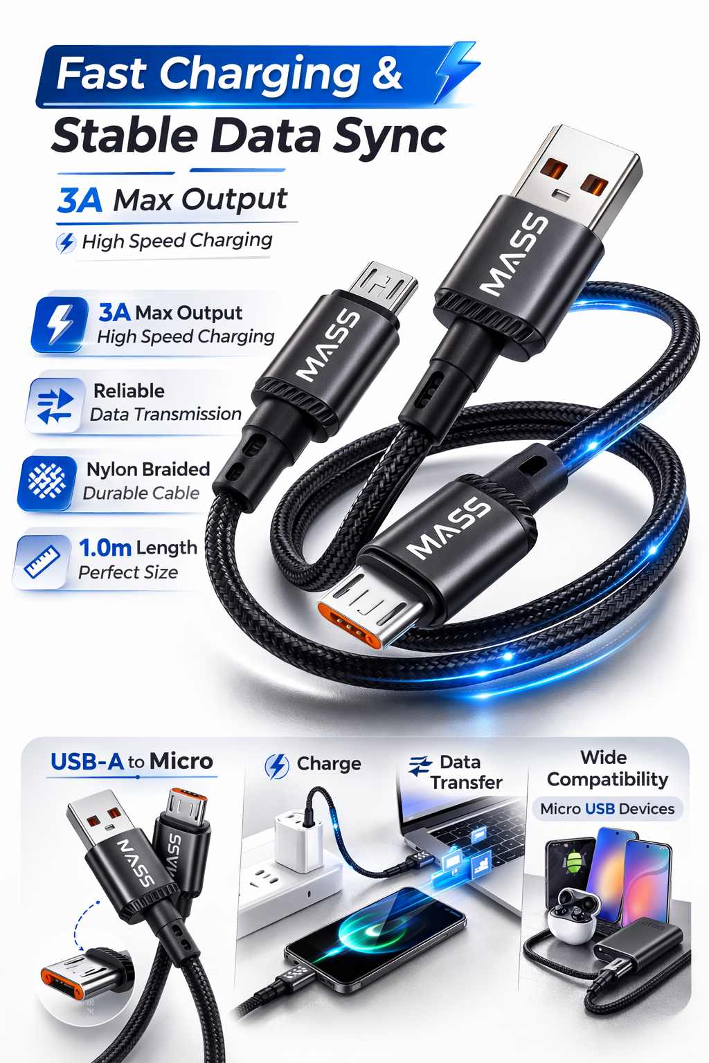 MASS MICRO Cable 1M Length, 3A Fast Charging, Nylon Braided Model: MA-06 for Huawei/Samsung Galaxy/Most MICRO Phones, Car Carplay Compatible - 1 Year Local Warranty.