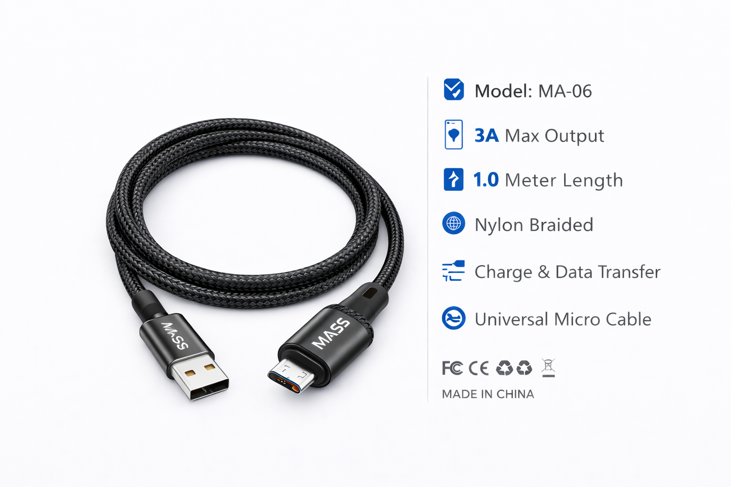 MASS MICRO Cable 1M Length, 3A Fast Charging, Nylon Braided Model: MA-06 for Huawei/Samsung Galaxy/Most MICRO Phones, Car Carplay Compatible - 1 Year Local Warranty.