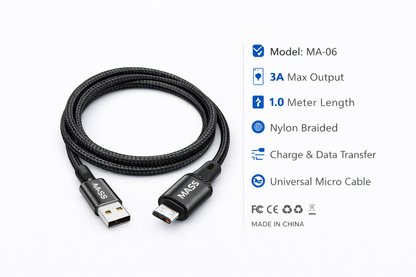 MASS MICRO Cable 1M Length, 3A Fast Charging, Nylon Braided Model: MA-06 for Huawei/Samsung Galaxy/Most MICRO Phones, Car Carplay Compatible - 1 Year Local Warranty.