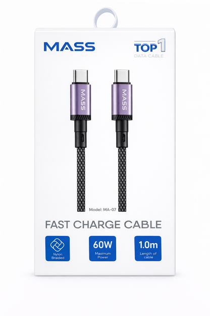 كابل شحن سريع Mass 60W USB-C إلى USB-C، الموديل: MA-07، سلك مضفر من النايلون فائق المتانة لنقل البيانات، متوافق مع أجهزة MacBook وiPad وSamsung والمزيد - ضمان محلي لمدة عام.