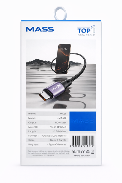 كابل شحن سريع Mass 60W USB-C إلى USB-C، الموديل: MA-07، سلك مضفر من النايلون فائق المتانة لنقل البيانات، متوافق مع أجهزة MacBook وiPad وSamsung والمزيد - ضمان محلي لمدة عام.