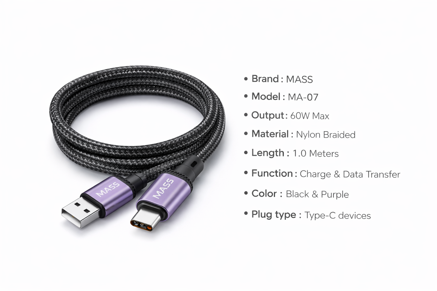 كابل شحن سريع Mass 60W USB-C إلى USB-C، الموديل: MA-07، سلك مضفر من النايلون فائق المتانة لنقل البيانات، متوافق مع أجهزة MacBook وiPad وSamsung والمزيد - ضمان محلي لمدة عام.