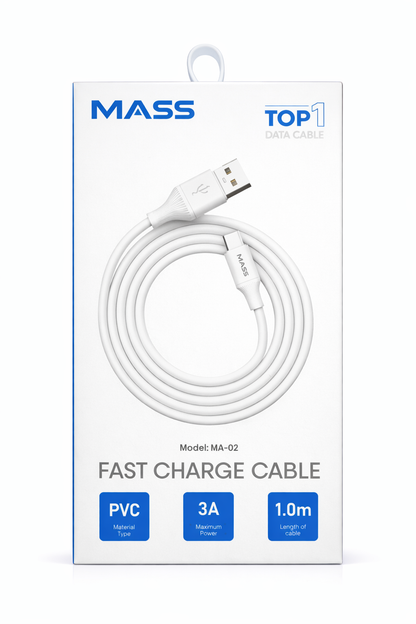 كابل شحن سريع من ماس، شحن ونقل بيانات | نايلون مضفر | USB-C، أبيض، الموديل: MA-02 - ضمان محلي لمدة سنة واحدة.