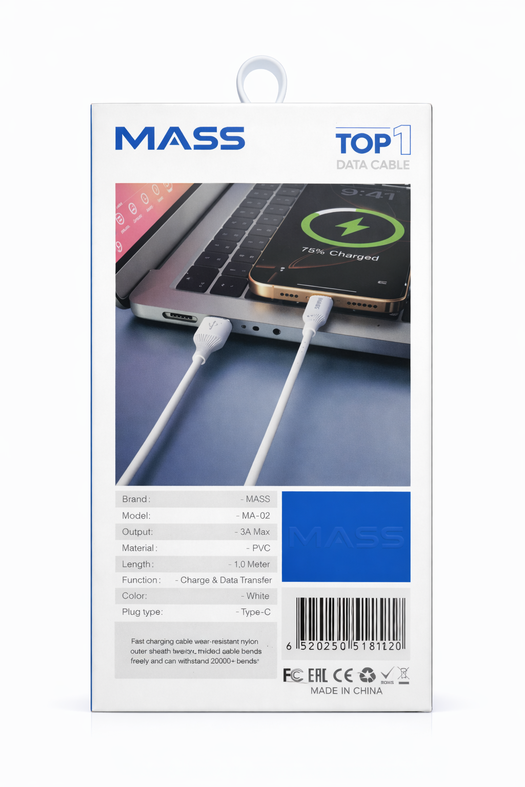 كابل شحن سريع من ماس، شحن ونقل بيانات | نايلون مضفر | USB-C، أبيض، الموديل: MA-02 - ضمان محلي لمدة سنة واحدة.