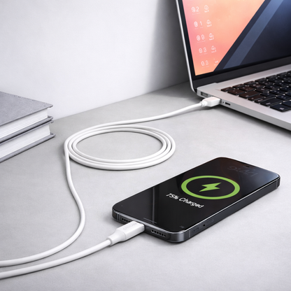 كابل شحن سريع من ماس، شحن ونقل بيانات | نايلون مضفر | USB-C، أبيض، الموديل: MA-02 - ضمان محلي لمدة سنة واحدة.