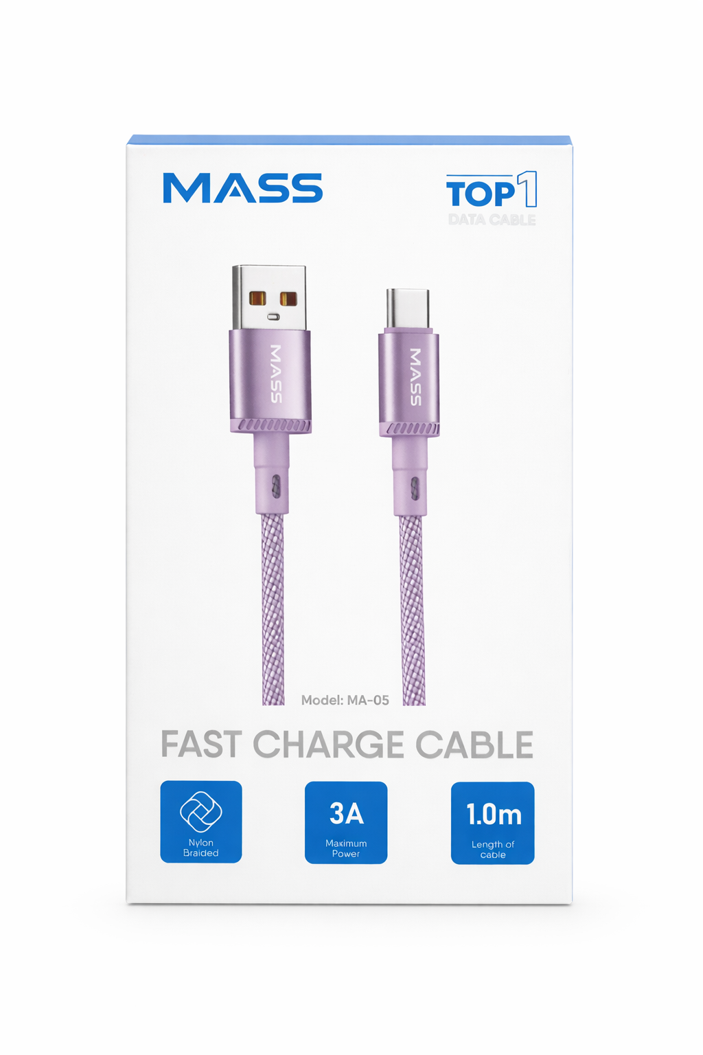 كابل USB-C من MASS بطول 1 متر، شحن سريع 3 أمبير، مضفر بالنايلون، موديل: MA-05 لهواتف ايفون 15/ 15 برو/ هواوي/ سامسونج جالكسي/ معظم الهواتف من النوع C، متوافق مع نظام Carplay للسيارة - ضمان محلي لمدة سنة واحدة.