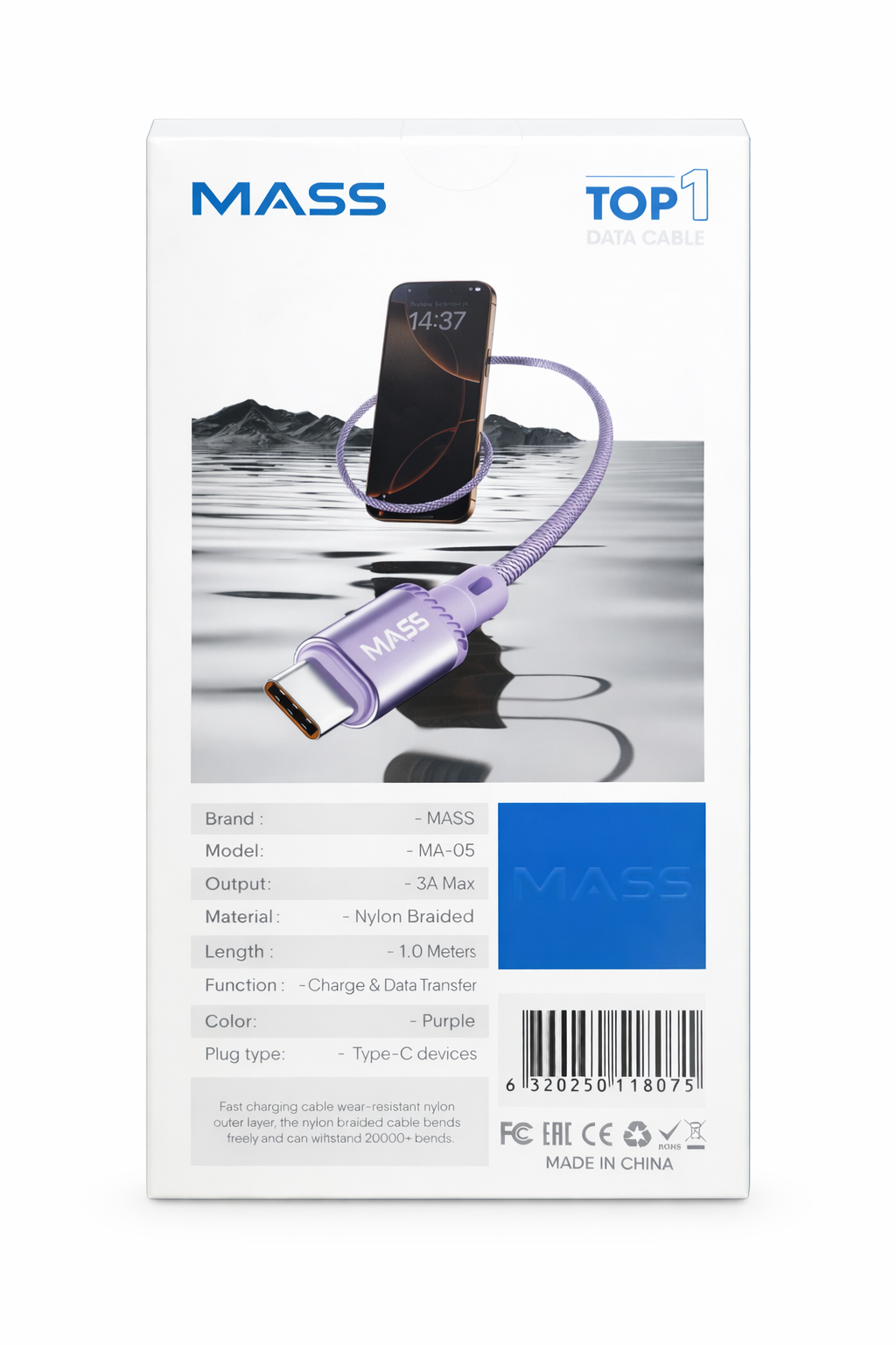 كابل USB-C من MASS بطول 1 متر، شحن سريع 3 أمبير، مضفر بالنايلون، موديل: MA-05 لهواتف ايفون 15/ 15 برو/ هواوي/ سامسونج جالكسي/ معظم الهواتف من النوع C، متوافق مع نظام Carplay للسيارة - ضمان محلي لمدة سنة واحدة.