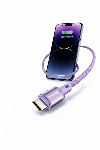 كابل USB-C من MASS بطول 1 متر، شحن سريع 3 أمبير، مضفر بالنايلون، موديل: MA-05 لهواتف ايفون 15/ 15 برو/ هواوي/ سامسونج جالكسي/ معظم الهواتف من النوع C، متوافق مع نظام Carplay للسيارة - ضمان محلي لمدة سنة واحدة.