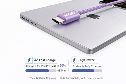 كابل USB-C من MASS بطول 1 متر، شحن سريع 3 أمبير، مضفر بالنايلون، موديل: MA-05 لهواتف ايفون 15/ 15 برو/ هواوي/ سامسونج جالكسي/ معظم الهواتف من النوع C، متوافق مع نظام Carplay للسيارة - ضمان محلي لمدة سنة واحدة.