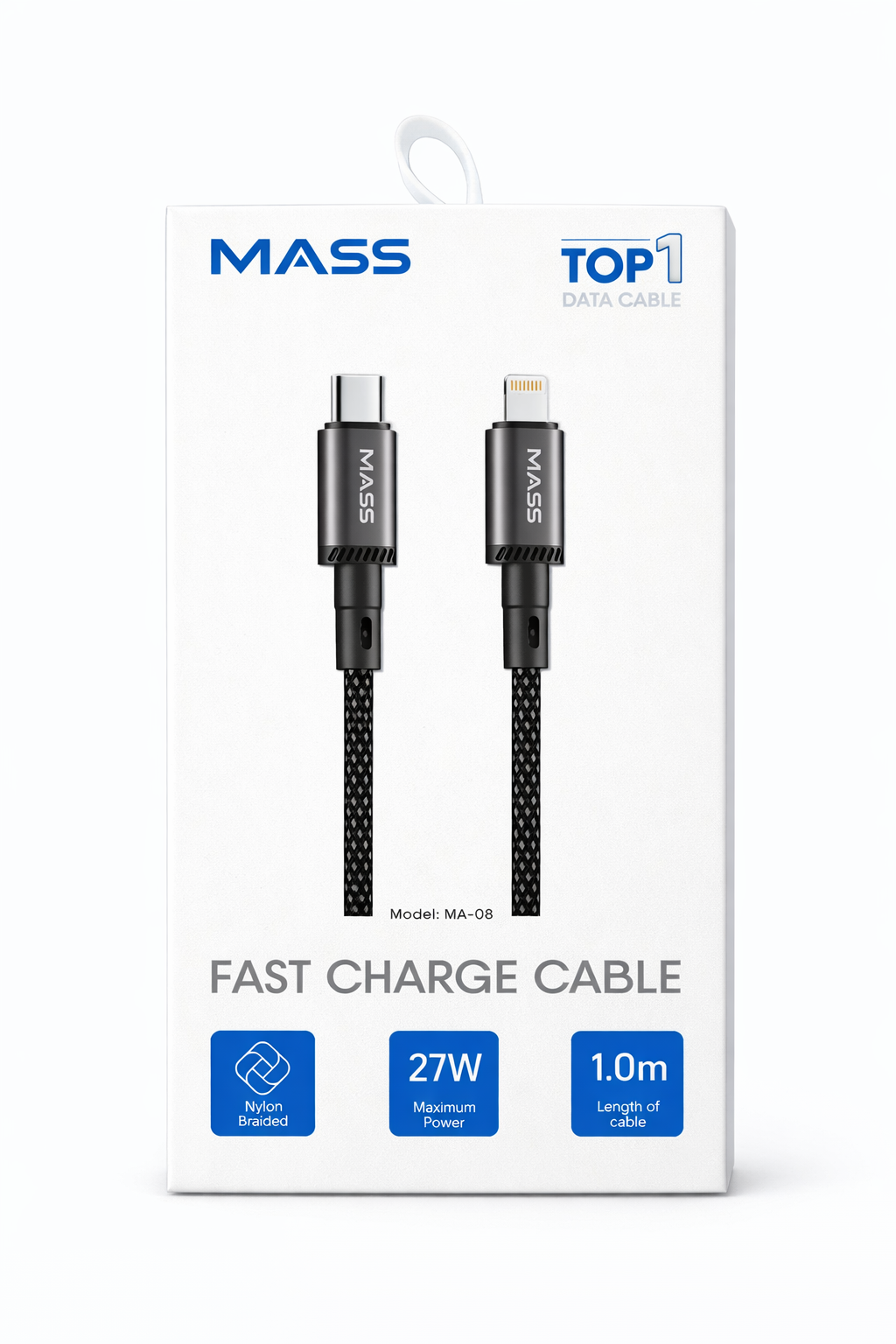 كابل شحن سريع ماس (USB-C إلى لايتنينج) بقوة 27 واط، مضفر بالنايلون موديل: MA-08، متوافق مع سلسلة آيفون 14/13/12/11، ماك بوك، آيباد والأجهزة اللوحية، بطول 1 متر - أسود - ضمان محلي لمدة عام واحد