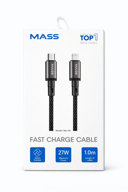 كابل شحن سريع ماس (USB-C إلى لايتنينج) بقوة 27 واط، مضفر بالنايلون موديل: MA-08، متوافق مع سلسلة آيفون 14/13/12/11، ماك بوك، آيباد والأجهزة اللوحية، بطول 1 متر - أسود - ضمان محلي لمدة عام واحد