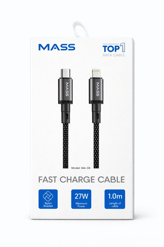 Mass (USB-C to Lightning) 27W Fast Charging Cable, Nylon Braided Model: MA-08, Compatible With iPhone 14/13/12/11 Series, MacBook, iPads and Tablets, 1M Length - Black - 1 Year Local Warranty