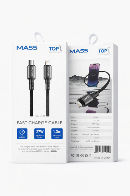 كابل شحن سريع ماس (USB-C إلى لايتنينج) بقوة 27 واط، مضفر بالنايلون موديل: MA-08، متوافق مع سلسلة آيفون 14/13/12/11، ماك بوك، آيباد والأجهزة اللوحية، بطول 1 متر - أسود - ضمان محلي لمدة عام واحد