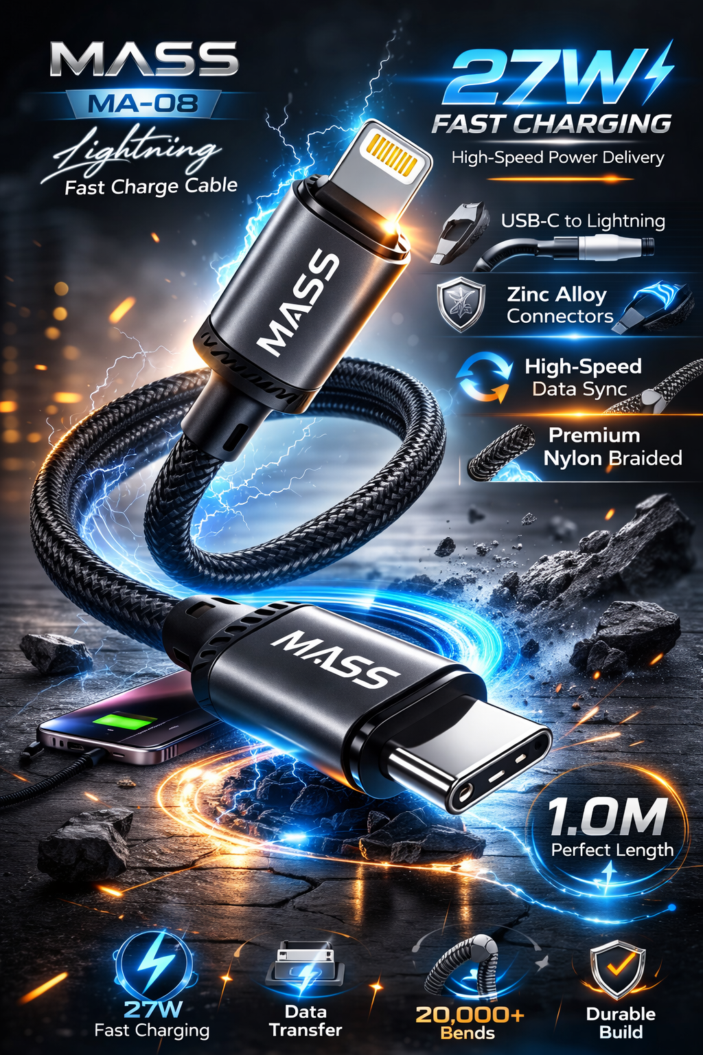 كابل شحن سريع ماس (USB-C إلى لايتنينج) بقوة 27 واط، مضفر بالنايلون موديل: MA-08، متوافق مع سلسلة آيفون 14/13/12/11، ماك بوك، آيباد والأجهزة اللوحية، بطول 1 متر - أسود - ضمان محلي لمدة عام واحد