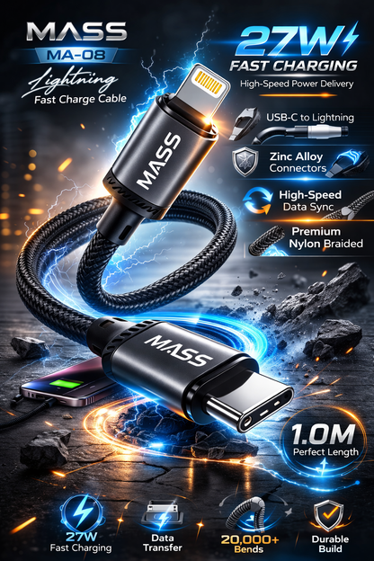 كابل شحن سريع ماس (USB-C إلى لايتنينج) بقوة 27 واط، مضفر بالنايلون موديل: MA-08، متوافق مع سلسلة آيفون 14/13/12/11، ماك بوك، آيباد والأجهزة اللوحية، بطول 1 متر - أسود - ضمان محلي لمدة عام واحد