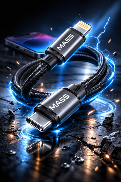كابل شحن سريع ماس (USB-C إلى لايتنينج) بقوة 27 واط، مضفر بالنايلون موديل: MA-08، متوافق مع سلسلة آيفون 14/13/12/11، ماك بوك، آيباد والأجهزة اللوحية، بطول 1 متر - أسود - ضمان محلي لمدة عام واحد