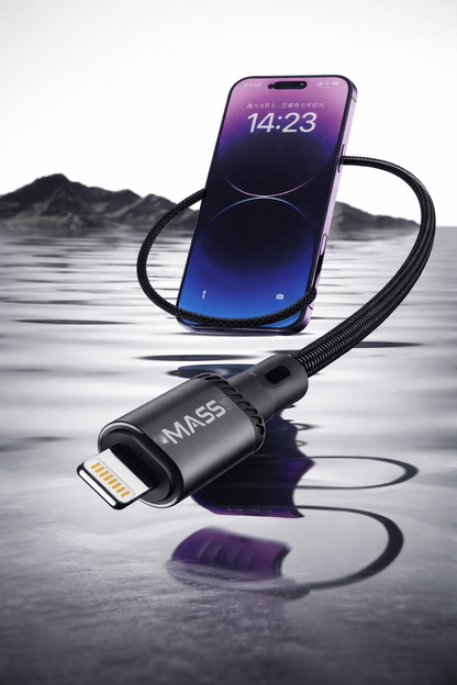 كابل شحن سريع ماس (USB-C إلى لايتنينج) بقوة 27 واط، مضفر بالنايلون موديل: MA-08، متوافق مع سلسلة آيفون 14/13/12/11، ماك بوك، آيباد والأجهزة اللوحية، بطول 1 متر - أسود - ضمان محلي لمدة عام واحد