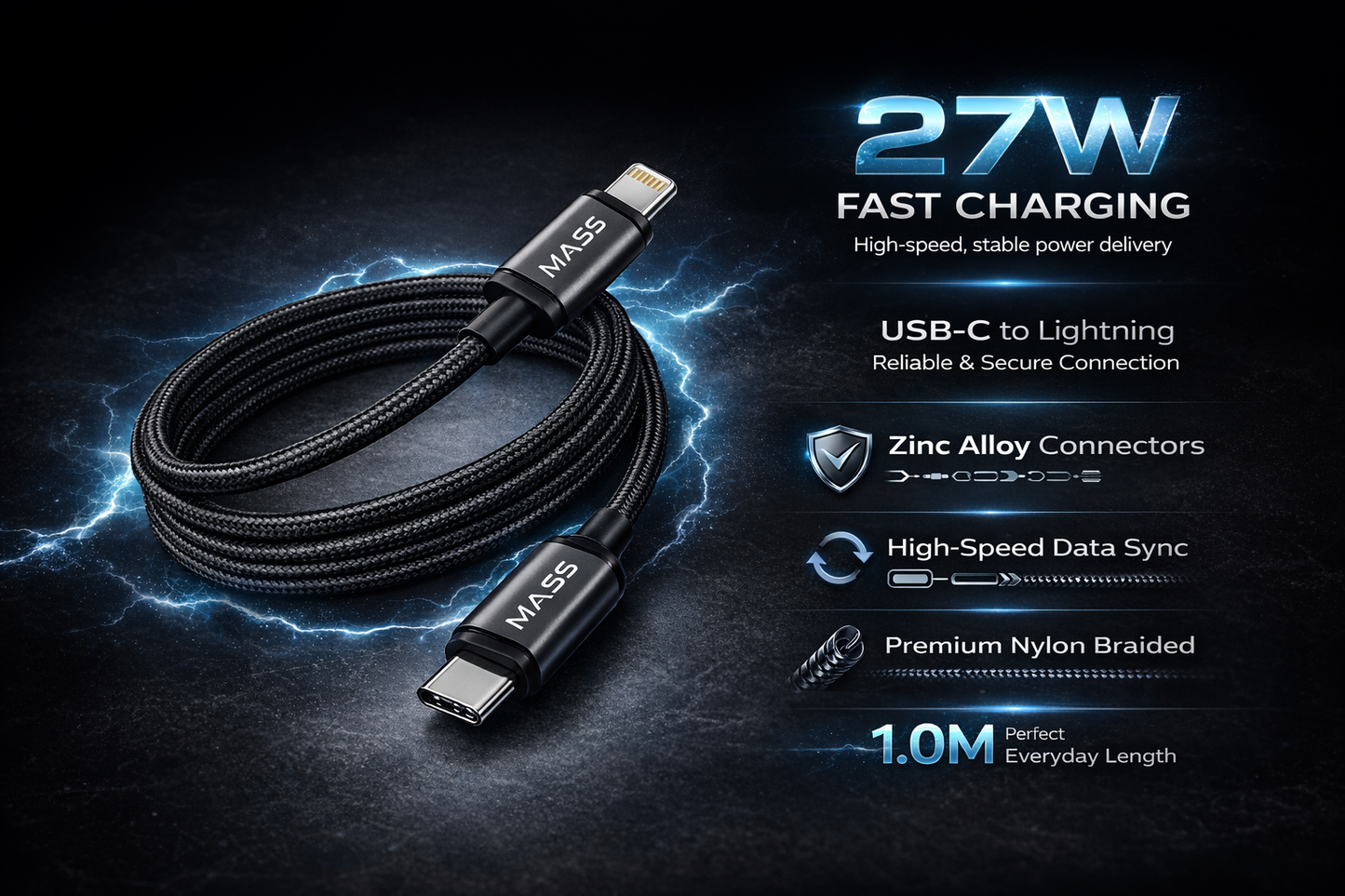 كابل شحن سريع ماس (USB-C إلى لايتنينج) بقوة 27 واط، مضفر بالنايلون موديل: MA-08، متوافق مع سلسلة آيفون 14/13/12/11، ماك بوك، آيباد والأجهزة اللوحية، بطول 1 متر - أسود - ضمان محلي لمدة عام واحد