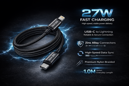 كابل شحن سريع ماس (USB-C إلى لايتنينج) بقوة 27 واط، مضفر بالنايلون موديل: MA-08، متوافق مع سلسلة آيفون 14/13/12/11، ماك بوك، آيباد والأجهزة اللوحية، بطول 1 متر - أسود - ضمان محلي لمدة عام واحد