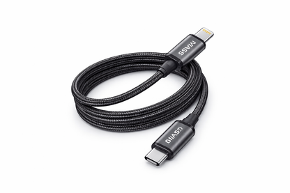 كابل شحن سريع ماس (USB-C إلى لايتنينج) بقوة 27 واط، مضفر بالنايلون موديل: MA-08، متوافق مع سلسلة آيفون 14/13/12/11، ماك بوك، آيباد والأجهزة اللوحية، بطول 1 متر - أسود - ضمان محلي لمدة عام واحد