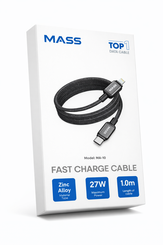 Mass 27W Fast Charging Cable Type-C to Lightning Cable, 1M Length, Model: MA-10 Resistant Zinc Alloy Shell, High Efficiency 480Mbps Data Transfer - 1 Year Local Warranty