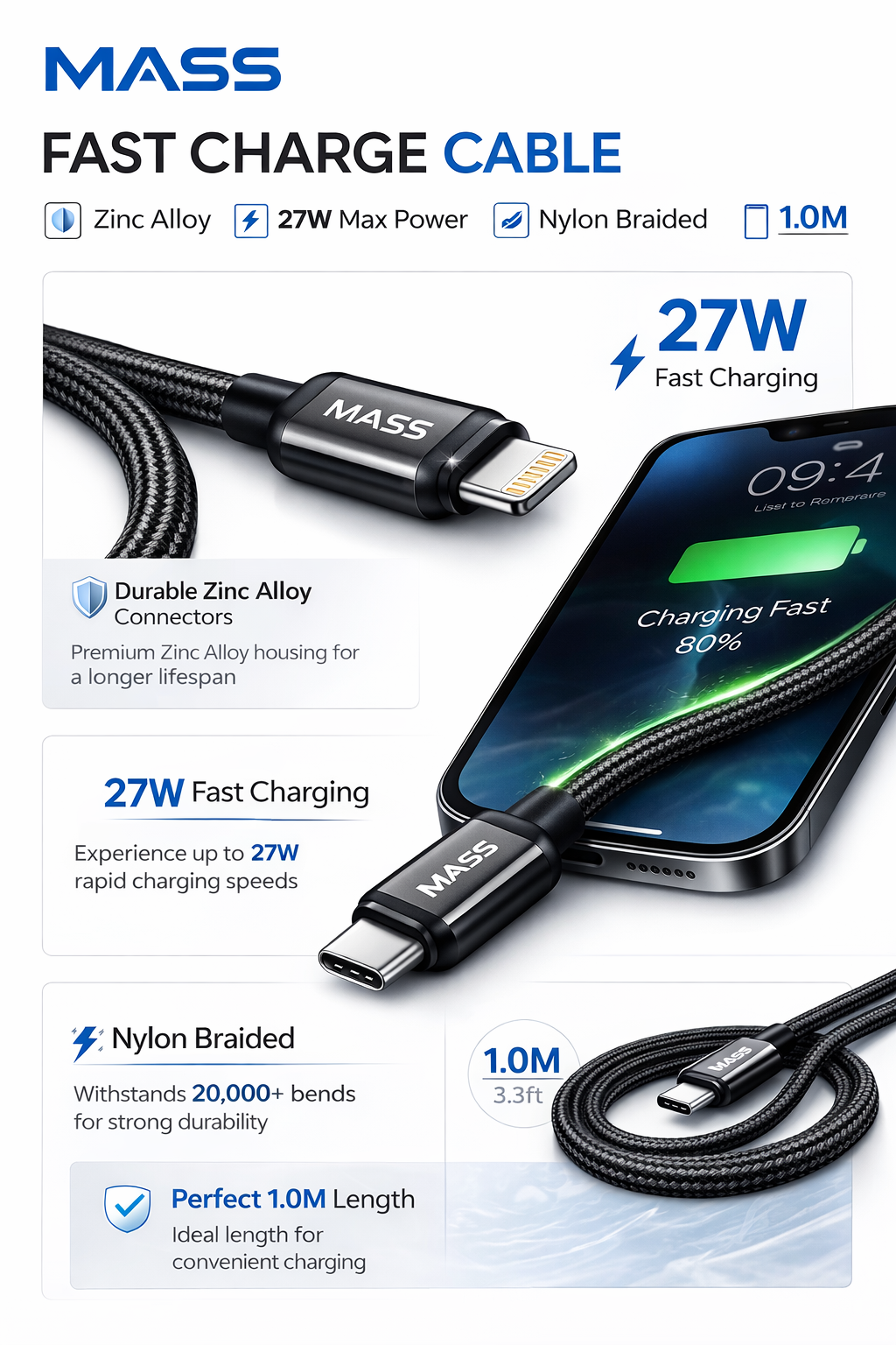 كابل شحن سريع 27 وات من النوع C إلى Lightning، بطول 1 متر، موديل: MA-10، غلاف من سبائك الزنك المقاوم، كفاءة عالية في نقل البيانات بسرعة 480 ميجابت في الثانية - ضمان محلي لمدة عام واحد