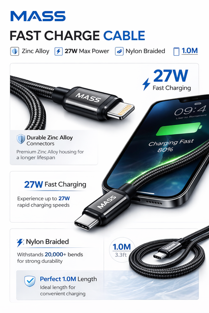 كابل شحن سريع 27 وات من النوع C إلى Lightning، بطول 1 متر، موديل: MA-10، غلاف من سبائك الزنك المقاوم، كفاءة عالية في نقل البيانات بسرعة 480 ميجابت في الثانية - ضمان محلي لمدة عام واحد