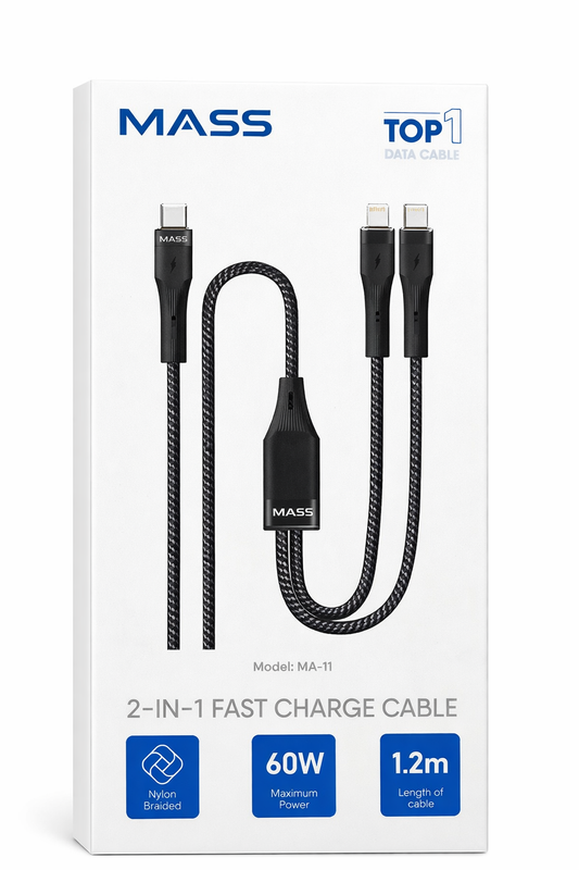 Mass (2-in-1) USB-C to USB-C & Lightning Cable, 1M Length, Fast Charging & Data Transfer for USB-C Devices, Durable Nylon Braided Cord, Compatible with MacBook, Samsung Galaxy & More, Black, 1 Year Local Warranty