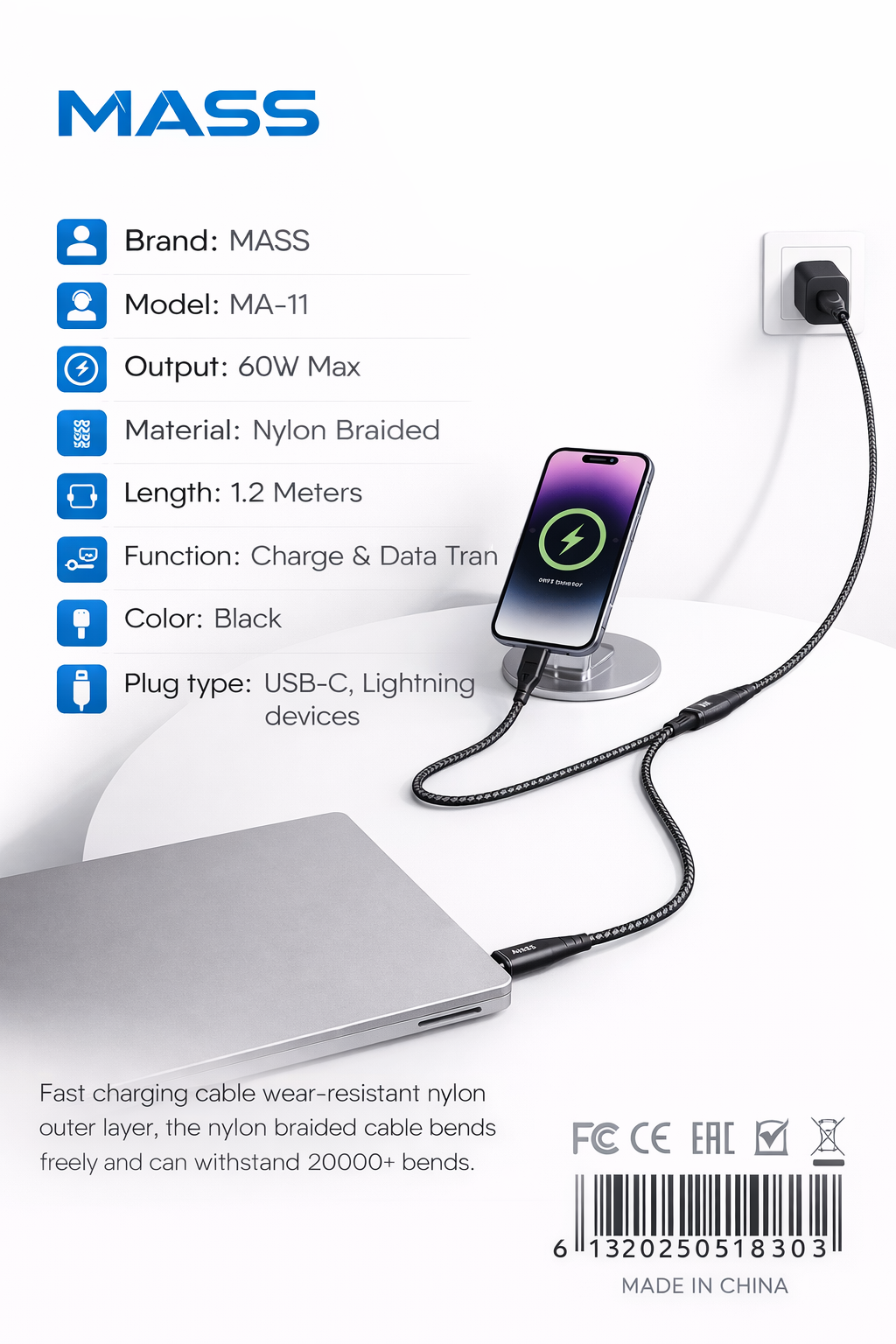 كابل USB-C إلى USB-C وLightning (2 في 1)، طول 1 متر، شحن سريع ونقل بيانات لأجهزة USB-C، سلك متين مضفر من النايلون، متوافق مع أجهزة MacBook وSamsung Galaxy والمزيد، أسود، ضمان محلي لمدة سنة واحدة
