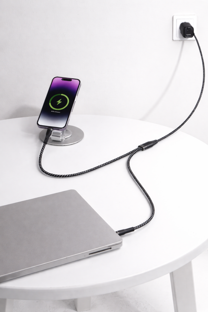 كابل USB-C إلى USB-C وLightning (2 في 1)، طول 1 متر، شحن سريع ونقل بيانات لأجهزة USB-C، سلك متين مضفر من النايلون، متوافق مع أجهزة MacBook وSamsung Galaxy والمزيد، أسود، ضمان محلي لمدة سنة واحدة
