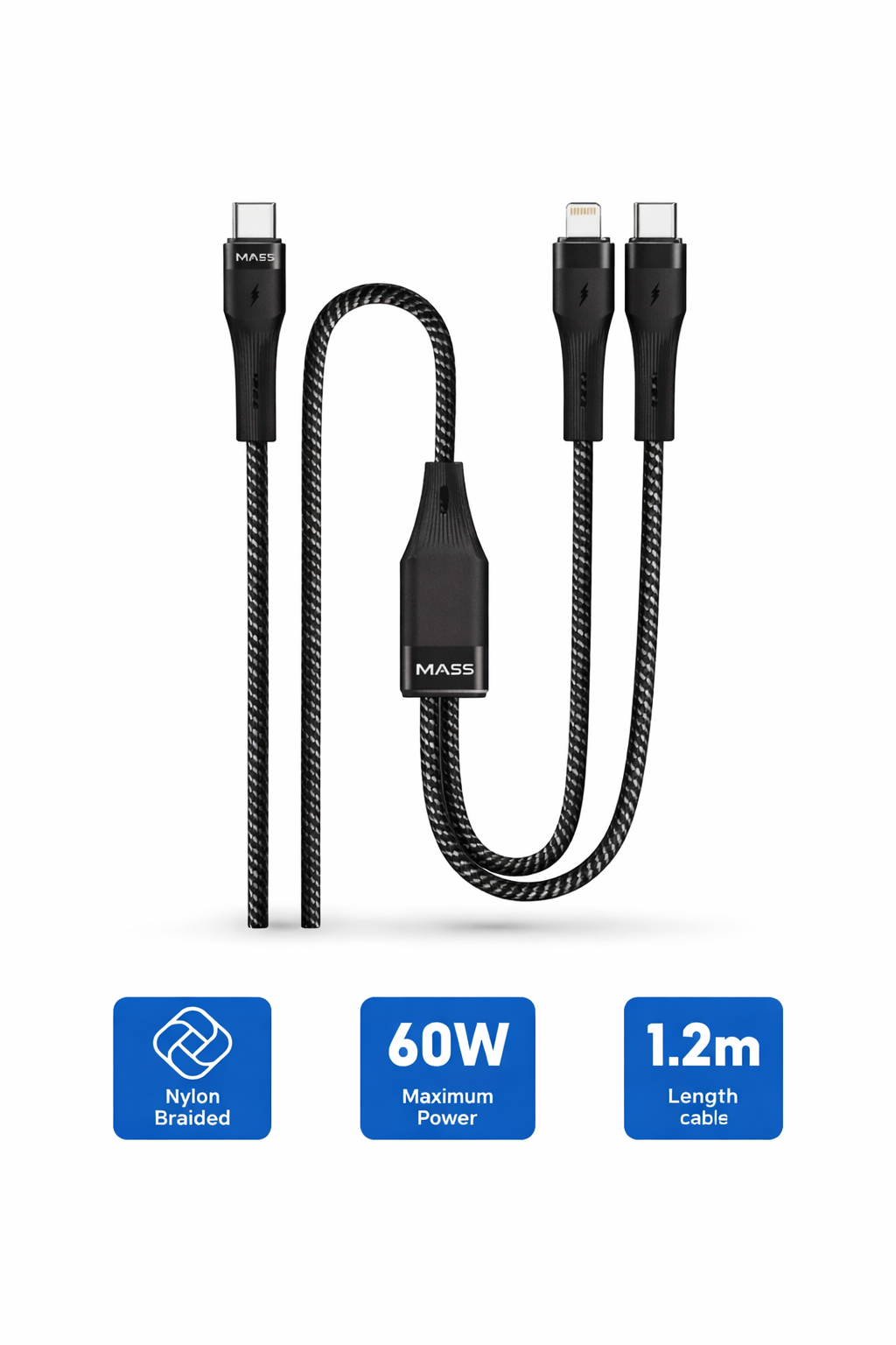 كابل USB-C إلى USB-C وLightning (2 في 1)، طول 1 متر، شحن سريع ونقل بيانات لأجهزة USB-C، سلك متين مضفر من النايلون، متوافق مع أجهزة MacBook وSamsung Galaxy والمزيد، أسود، ضمان محلي لمدة سنة واحدة