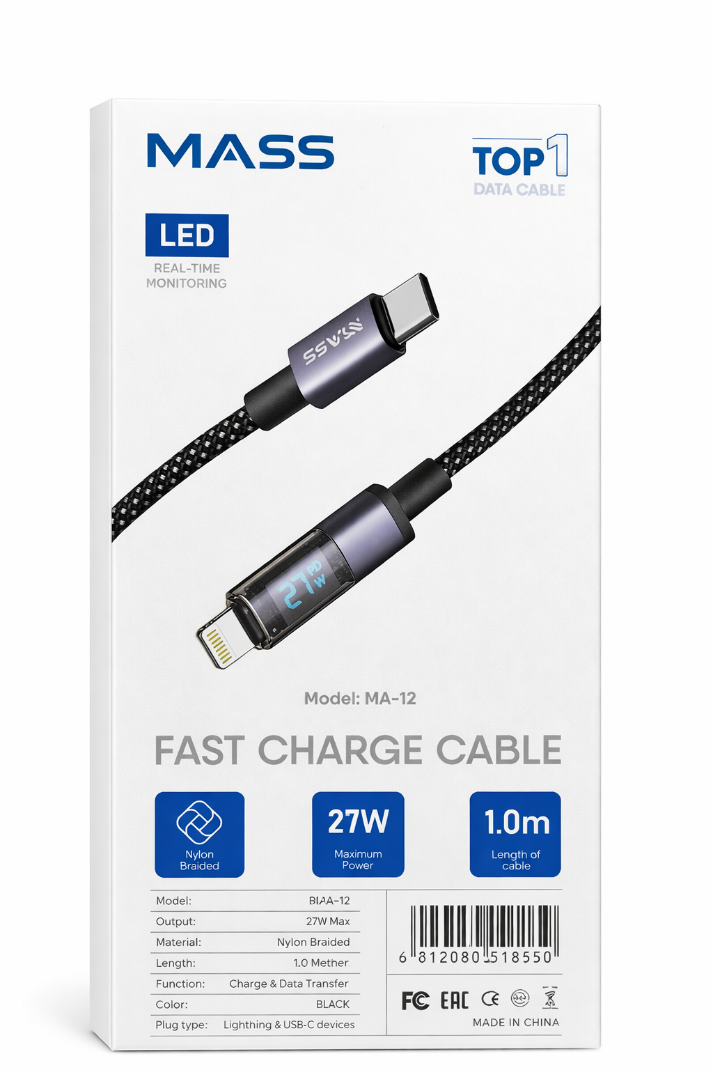 كابل USB-C إلى Lightning بقوة 27 واط مع شاشة LED رقمية (1 متر) – شحن سريع PD، نايلون مضفر - موديل: MA-12، لأجهزة iPhone و iPad بتصميم قماشي مضفر - ضمان محلي لمدة سنة واحدة