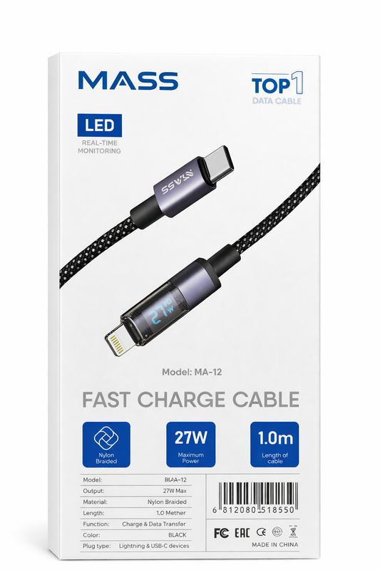 Mass 27W USB-C to Lightning Cable with Digital LED Display (1m) – PD Fast Charging, Nylon Braided - Model: MA-12, for iPhone and iPad with Fabric Braided Design - 1 Year Local Warranty