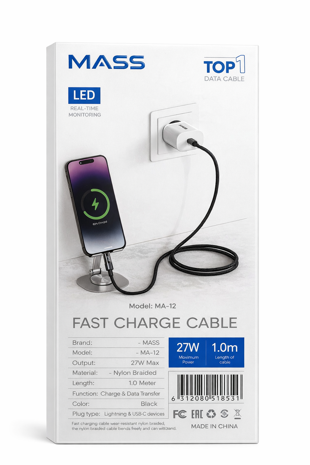 كابل USB-C إلى Lightning بقوة 27 واط مع شاشة LED رقمية (1 متر) – شحن سريع PD، نايلون مضفر - موديل: MA-12، لأجهزة iPhone و iPad بتصميم قماشي مضفر - ضمان محلي لمدة سنة واحدة