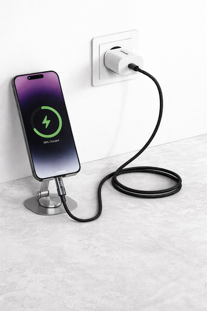 كابل USB-C إلى Lightning بقوة 27 واط مع شاشة LED رقمية (1 متر) – شحن سريع PD، نايلون مضفر - موديل: MA-12، لأجهزة iPhone و iPad بتصميم قماشي مضفر - ضمان محلي لمدة سنة واحدة