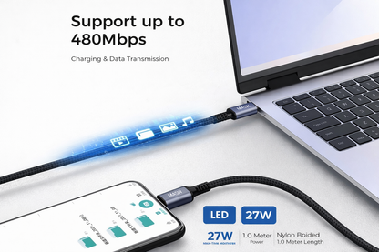 كابل USB-C إلى Lightning بقوة 27 واط مع شاشة LED رقمية (1 متر) – شحن سريع PD، نايلون مضفر - موديل: MA-12، لأجهزة iPhone و iPad بتصميم قماشي مضفر - ضمان محلي لمدة سنة واحدة
