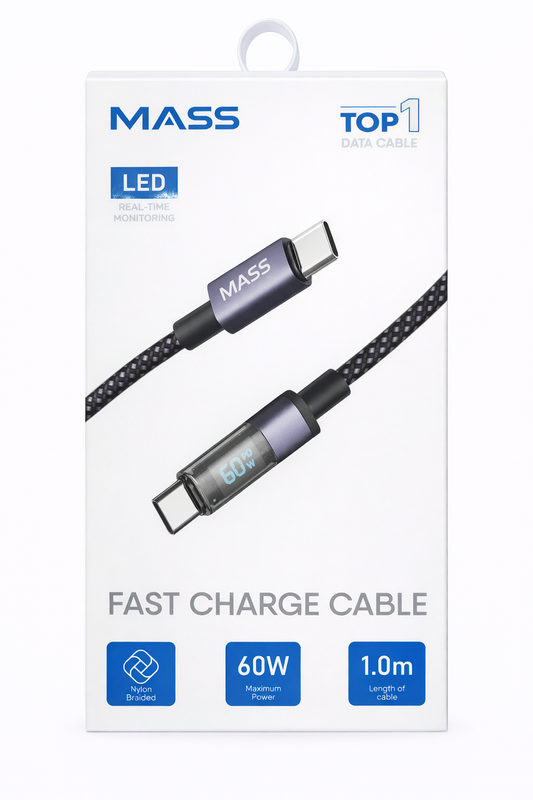 Mass 60W USB-C to USB-C Cable with Digital LED Display (1m) – Super Fast Charging, Auto Power off - Model: MA-13, for MacBook and iPad pro with Fabric Braided Design - 1 Year Local Warranty