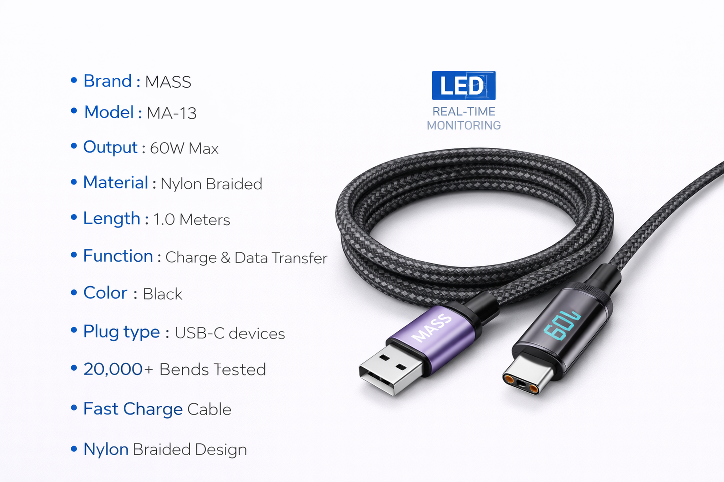 كابل Mass USB-C إلى USB-C بقوة 60 واط مع شاشة LED رقمية (1 متر) - شحن فائق السرعة، إيقاف تشغيل تلقائي - الموديل: MA-13، لأجهزة MacBook و iPad Pro بتصميم مضفر من القماش - ضمان محلي لمدة سنة واحدة