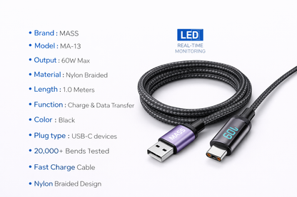 كابل USB-C إلى USB-C من Mass بقوة 60 واط مع شاشة عرض رقمية LED (1 متر) - شحن فائق السرعة، إيقاف تشغيل تلقائي - الموديل: MA-13، لأجهزة MacBook و iPad Pro بتصميم مضفر من القماش، أسود - ضمان محلي لمدة سنة واحدة