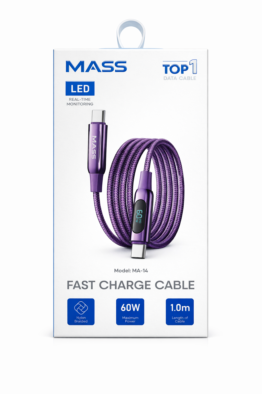 كابل USB-C إلى USB-C من Mass بقوة 60 واط مع شاشة LED رقمية (1 متر) - شحن فائق السرعة، إيقاف تشغيل تلقائي - الموديل: MA-14، لأجهزة MacBook و iPad Pro بتصميم قماشي مضفر، لون بنفسجي - ضمان محلي لمدة سنة