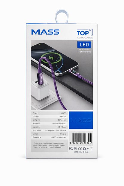 كابل USB-C إلى USB-C من Mass بقوة 60 واط مع شاشة LED رقمية (1 متر) - شحن فائق السرعة، إيقاف تشغيل تلقائي - الموديل: MA-14، لأجهزة MacBook و iPad Pro بتصميم قماشي مضفر، لون بنفسجي - ضمان محلي لمدة سنة
