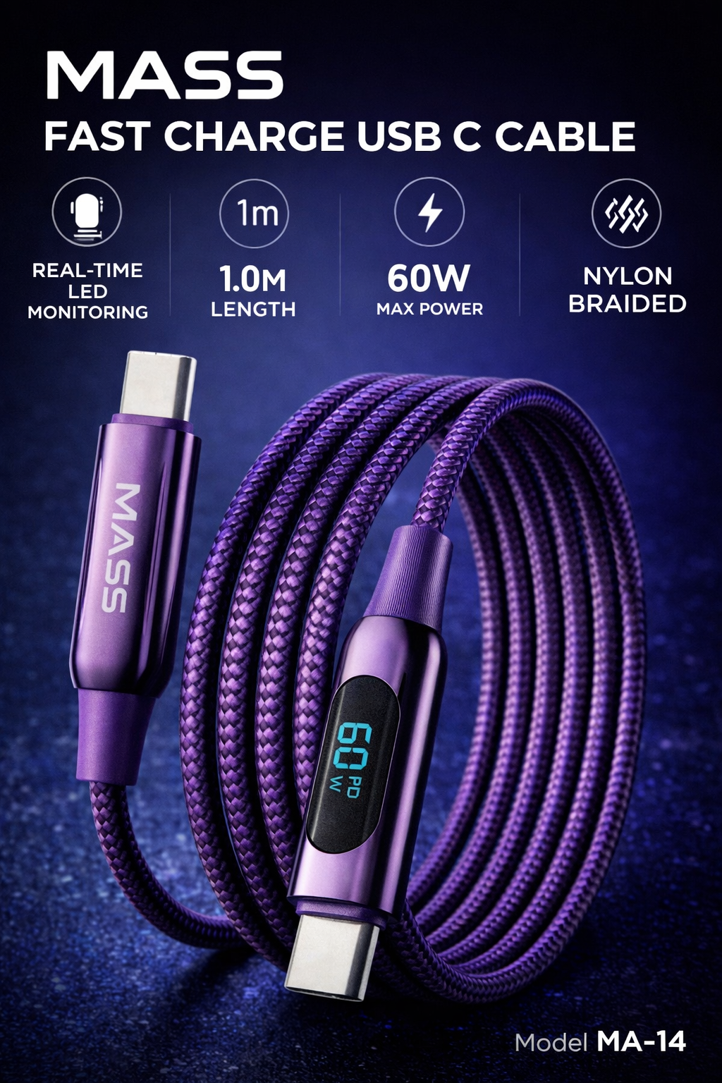 كابل USB-C إلى USB-C من Mass بقوة 60 واط مع شاشة LED رقمية (1 متر) - شحن فائق السرعة، إيقاف تشغيل تلقائي - الموديل: MA-14، لأجهزة MacBook و iPad Pro بتصميم قماشي مضفر، لون بنفسجي - ضمان محلي لمدة سنة