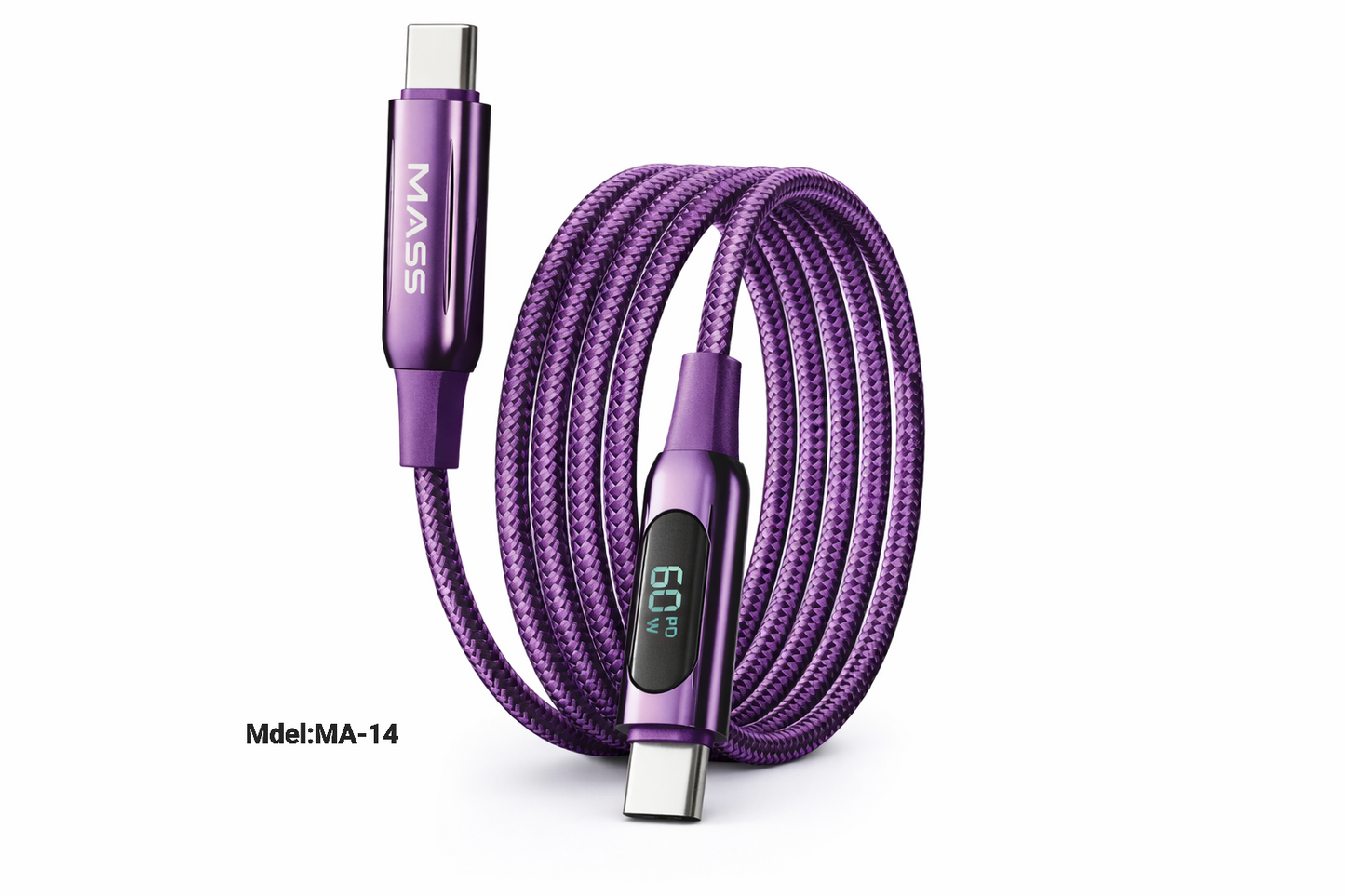 كابل USB-C إلى USB-C من Mass بقوة 60 واط مع شاشة LED رقمية (1 متر) - شحن فائق السرعة، إيقاف تشغيل تلقائي - الموديل: MA-14، لأجهزة MacBook و iPad Pro بتصميم قماشي مضفر، لون بنفسجي - ضمان محلي لمدة سنة