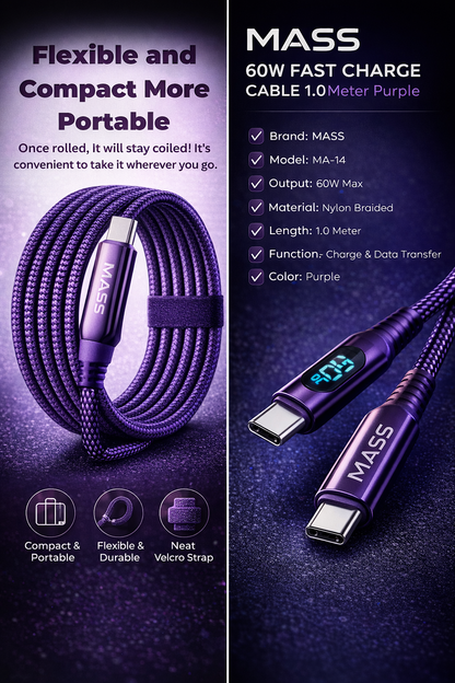كابل USB-C إلى USB-C من Mass بقوة 60 واط مع شاشة LED رقمية (1 متر) - شحن فائق السرعة، إيقاف تشغيل تلقائي - الموديل: MA-14، لأجهزة MacBook و iPad Pro بتصميم قماشي مضفر، لون بنفسجي - ضمان محلي لمدة سنة