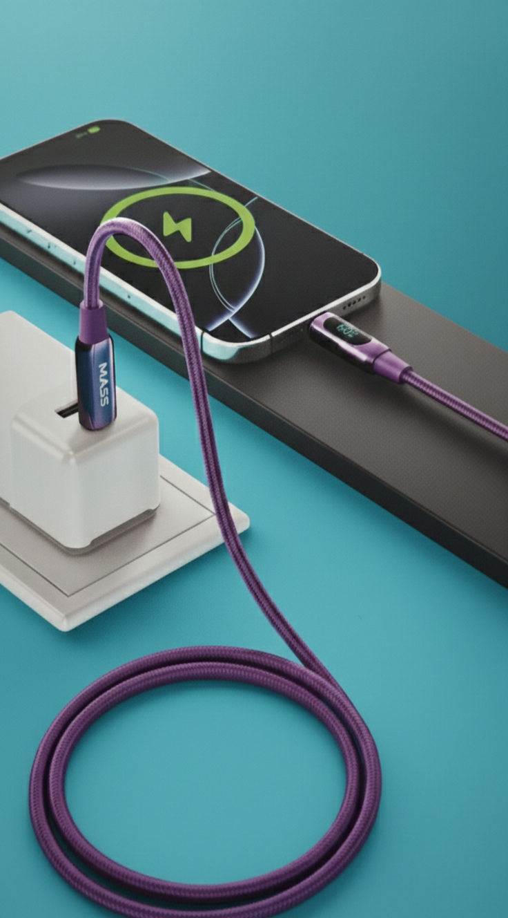 كابل USB-C إلى USB-C من Mass بقوة 60 واط مع شاشة LED رقمية (1 متر) - شحن فائق السرعة، إيقاف تشغيل تلقائي - الموديل: MA-14، لأجهزة MacBook و iPad Pro بتصميم قماشي مضفر، لون بنفسجي - ضمان محلي لمدة سنة