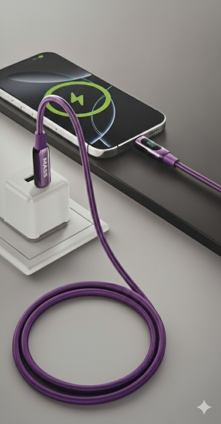 كابل USB-C إلى USB-C من Mass بقوة 60 واط مع شاشة LED رقمية (1 متر) - شحن فائق السرعة، إيقاف تشغيل تلقائي - الموديل: MA-14، لأجهزة MacBook و iPad Pro بتصميم قماشي مضفر، لون بنفسجي - ضمان محلي لمدة سنة