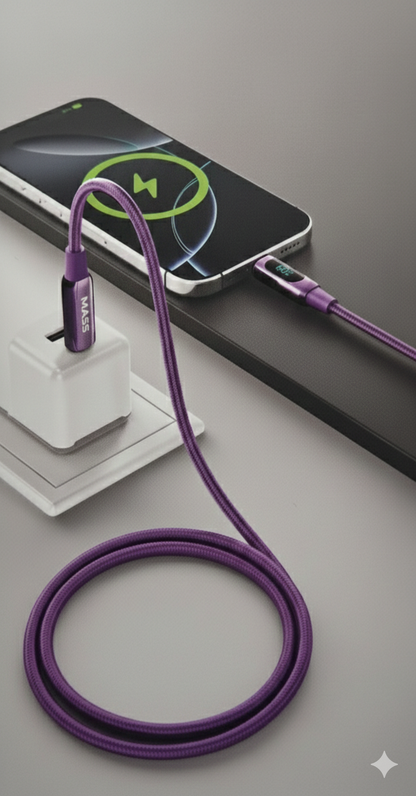 كابل USB-C إلى USB-C من Mass بقوة 60 واط مع شاشة LED رقمية (1 متر) - شحن فائق السرعة، إيقاف تشغيل تلقائي - الموديل: MA-14، لأجهزة MacBook و iPad Pro بتصميم قماشي مضفر، لون بنفسجي - ضمان محلي لمدة سنة