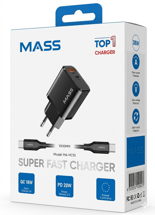 MASS Super Fast Charger, MA-HC10, Dual Port QC 18W & PD 20W, USB-C & USB-A, 1000mm Cable, Black, Europe 2 Pin Plug - 1 Year Local Warranty