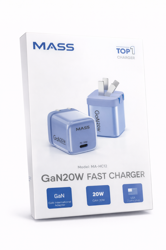 Box of Mass Gan20W fast charger with two blue chargers on a white background