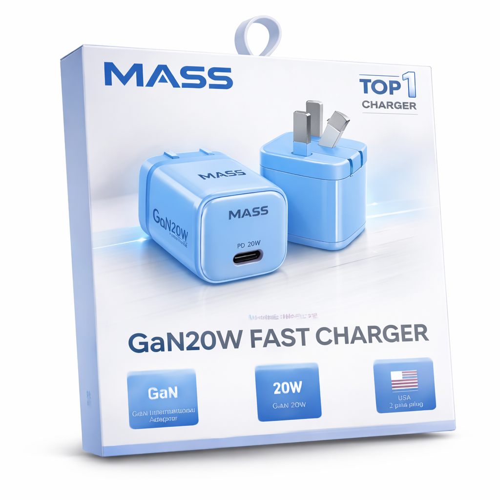 Mass GaN20W fast charger packaging on a white background